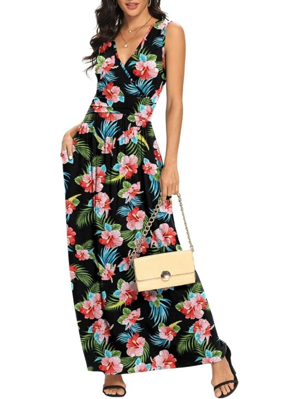 Lilbetter Women's Flower Black Sleeveless Deep Loose Plain Maxi Casual Dress